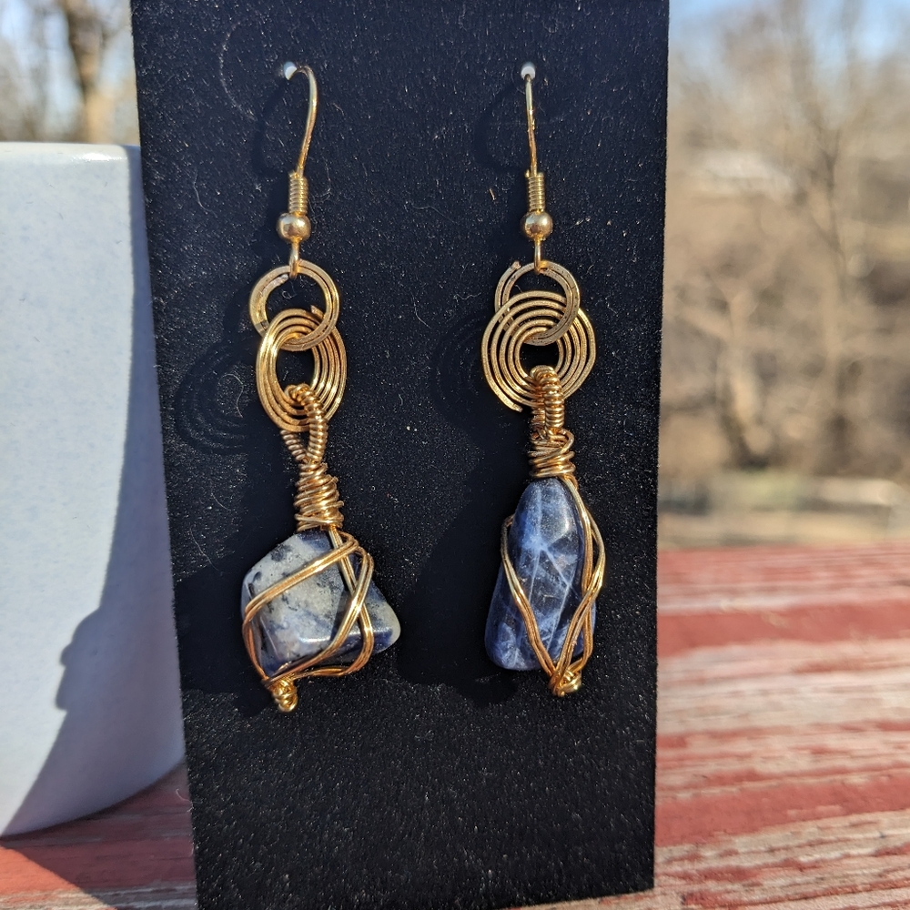 Sodalite Crystals Earrings Gold Hoops Wire Wrapped Handmade Crystals Gemstone - Picture 11 of 16